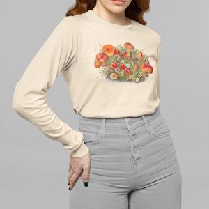 Red Orange Mushrooms Vintage Art Print Long Sleeve Graphic Tee T-shirt S M L XL